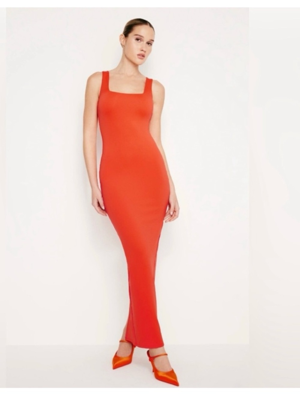 Good American Square Neck Maxi Dress in Bright Red/Orange/Coral